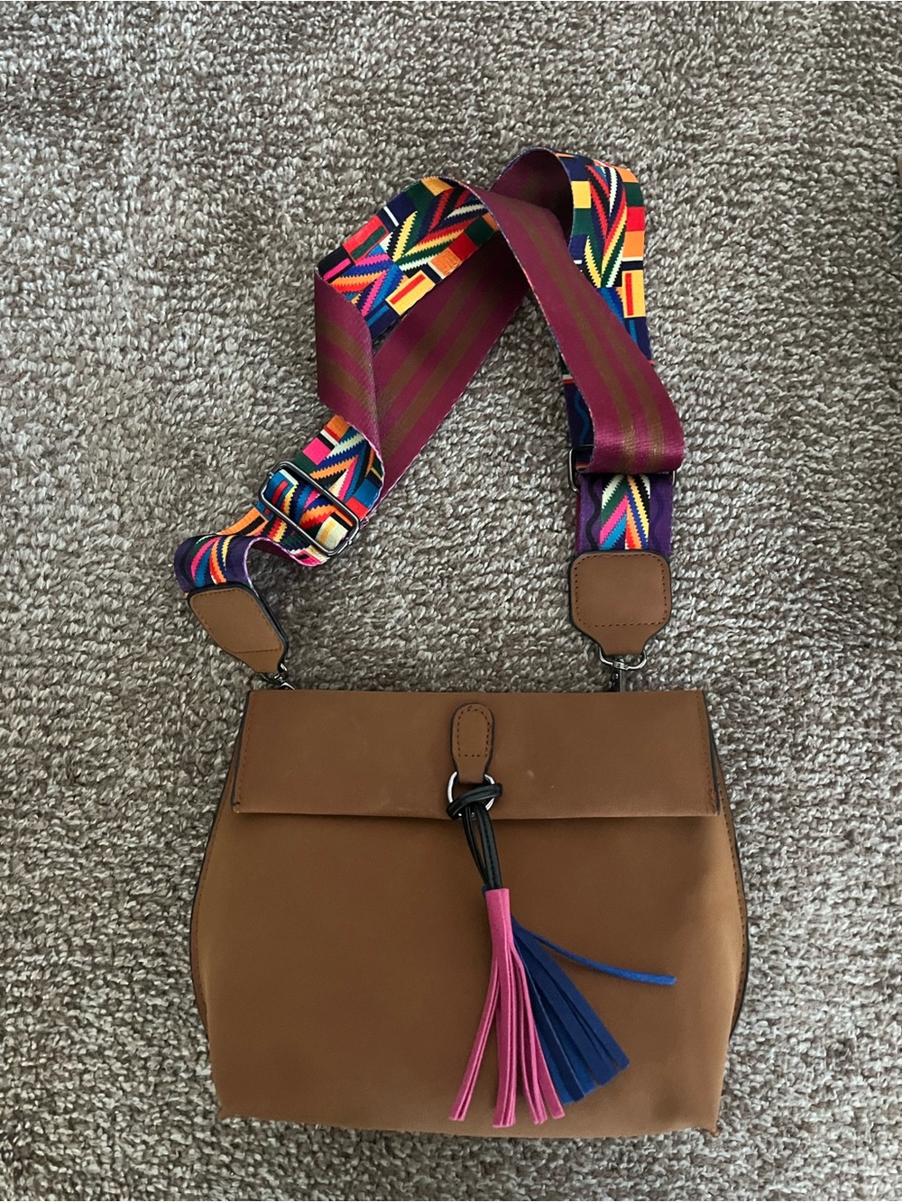 Tan Crossbody Bag with Multicolor Strap and Tassel
